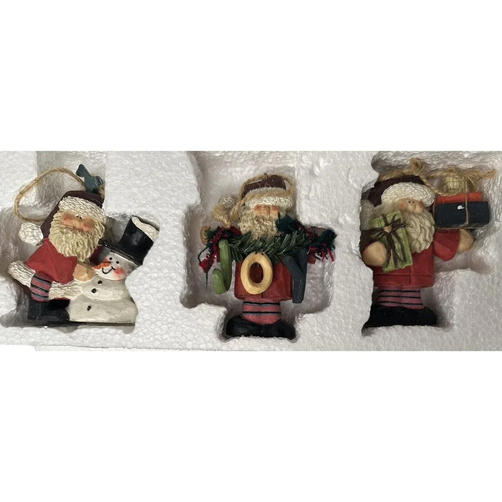 NEW Folk Art Set of 3 Primitive Santa‎ Christmas Tree Ornaments 4